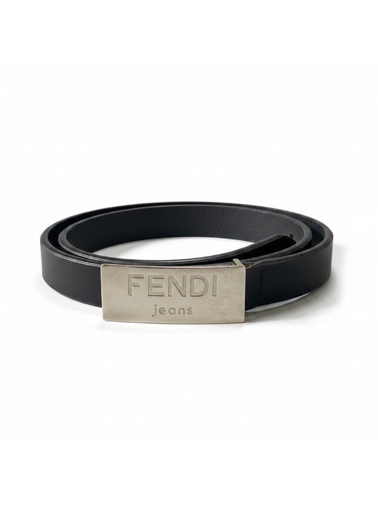 Fendi Jeans Logo Plate Leather Belt Narrow 40 Dark Brown
